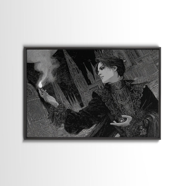 Monochrome Gothic Halloween, Stained Glass Gothic Art, Landscape Wall Art, Dark Halloween Decor, Framed Canvas Print, Halloween Wall Art