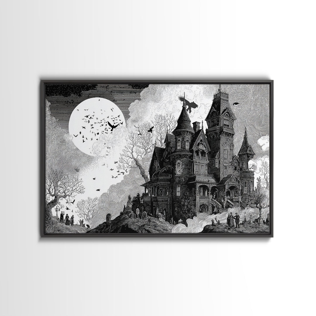 Monochrome Gothic Halloween, Victorian Macabre Art, Landscape Wall Art, Dark Halloween Decor, Canvas Print, Halloween Wall Art