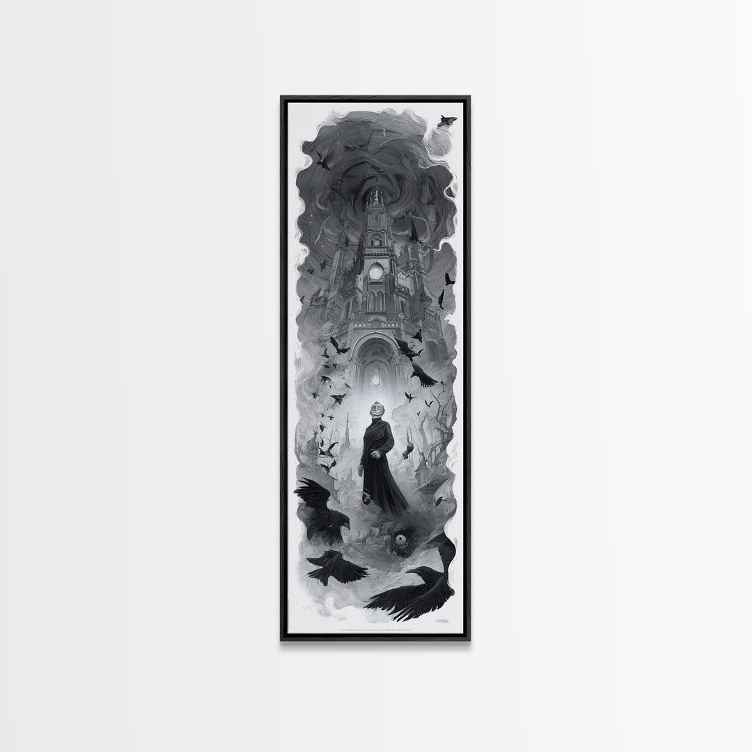 Monochrome Gothic Halloween, Surreal Apocalyptic Art, Tall Narrow Wall Art, Macabre Wall Art, Framed Canvas Print, Halloween Decor