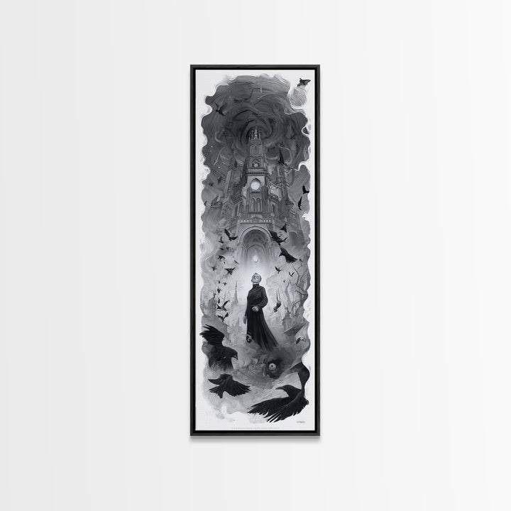 Monochrome Gothic Halloween, Surreal Apocalyptic Art, Tall Narrow Wall Art, Macabre Wall Art, Framed Canvas Print, Halloween Decor