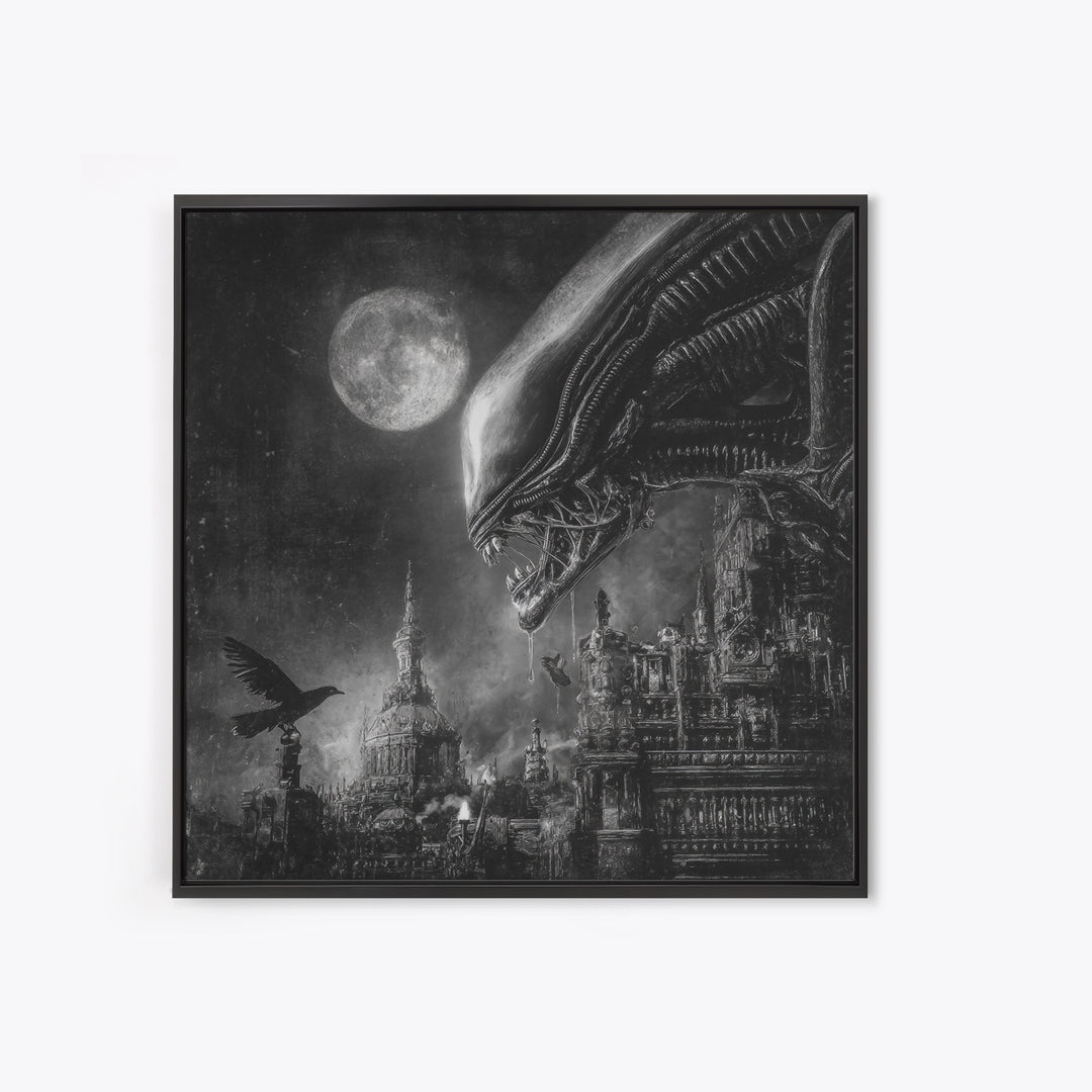 Monochrome Gothic Halloween, Biomechanical Horror Art, Square Wall Art, Gothic Horror Wall Art, Framed Canvas Print, Halloween Wall Art