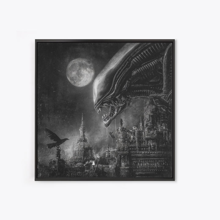 Monochrome Gothic Halloween, Biomechanical Horror Art, Square Wall Art, Gothic Horror Wall Art, Framed Canvas Print, Halloween Wall Art