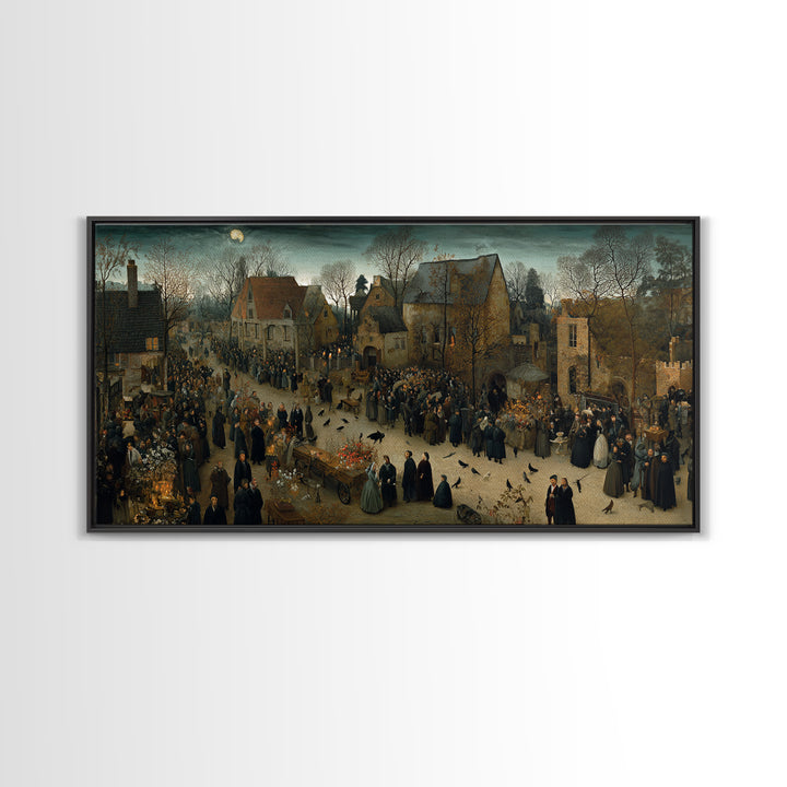 Victorian Mourning Halloween, Northern Renaissance Horror, Wide Panoramic Art, Macabre Wall Art, Framed Canvas Print