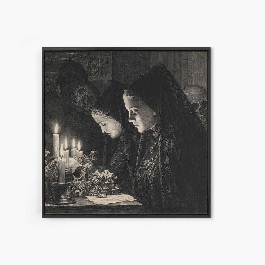 Victorian Mourning Halloween, Renaissance Engraving Art, Square Wall Art, Gothic Horror Wall Art, Canvas Print, Halloween Wall Art