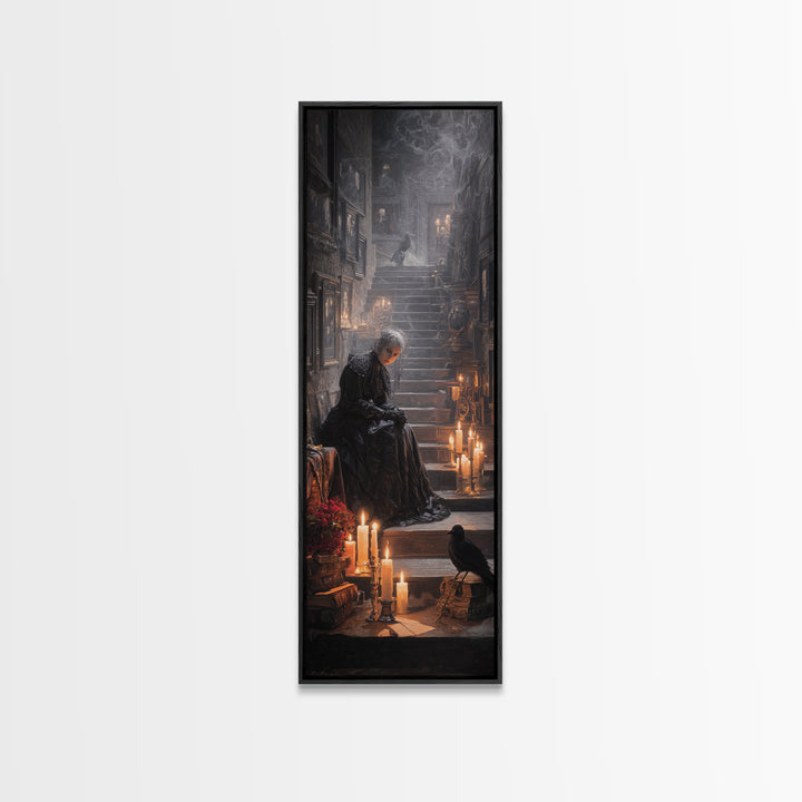 Victorian Mourning Halloween, Architectural Etching Art, Tall Narrow Wall Art, Gothic Horror Wall Art, Framed Canvas Print