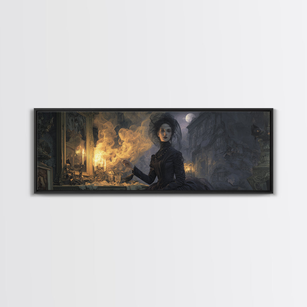 Victorian Mourning Halloween, Apocalyptic Romantic Art, Extra Wide Wall Art, Dark Halloween Decor, Framed Canvas Print, Halloween Wall Art