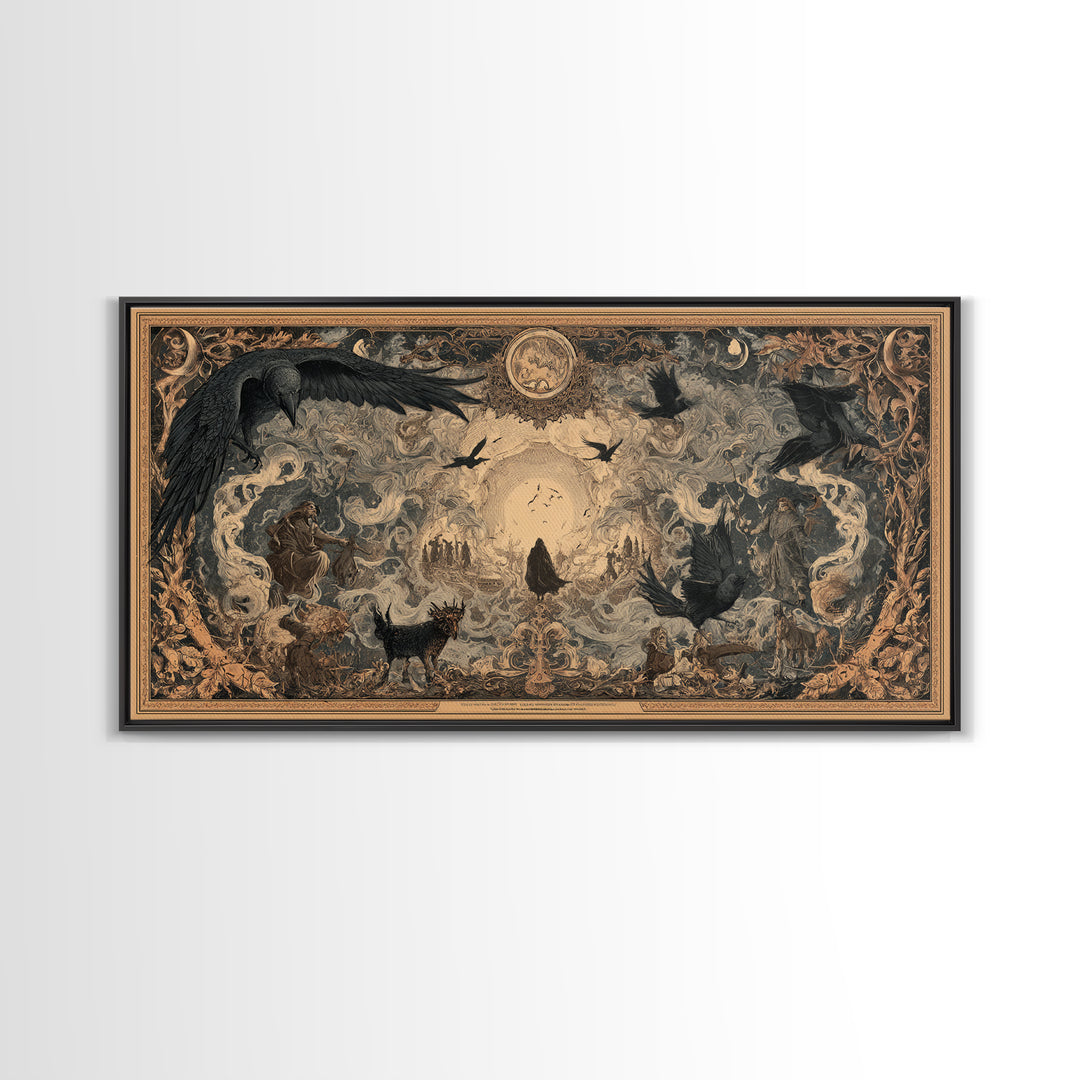 Art Nouveau Witchcraft, Northern Renaissance Horror, Wide Panoramic Art, Dark Fantasy Wall Art, Framed Canvas Print