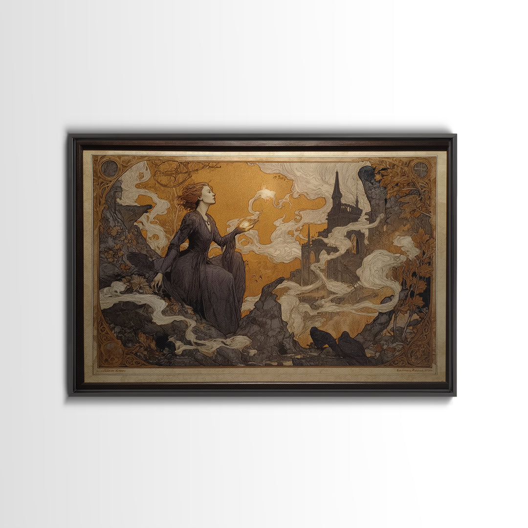 Art Nouveau Witchcraft, Romantic Gothic Landscape, Landscape Wall Art, Dark Halloween Decor, Canvas Print, Halloween Wall Art