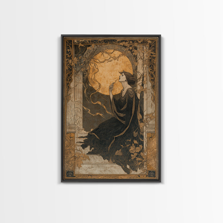 Art Nouveau Witchcraft, Decadent Gothic Art, Vertical Wall Art, Dark Halloween Decor, Framed Canvas Print, Halloween Wall Art