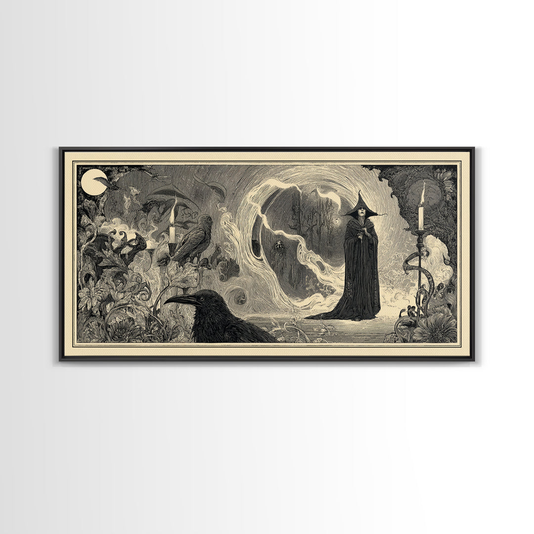 Art Nouveau Witchcraft, Expressionist Nightmare Art, Wide Panoramic Art, Dark Halloween Decor, Framed Canvas Print, Halloween Wall Art
