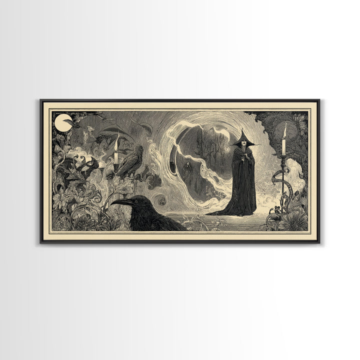 Art Nouveau Witchcraft, Expressionist Nightmare Art, Wide Panoramic Art, Dark Halloween Decor, Framed Canvas Print, Halloween Wall Art