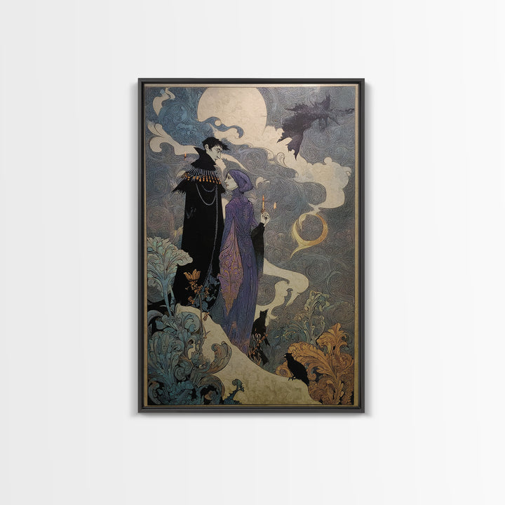 Art Nouveau Witchcraft, Stained Glass Gothic Art, Vertical Wall Art, Dark Halloween Decor, Canvas Print, Halloween Wall Art