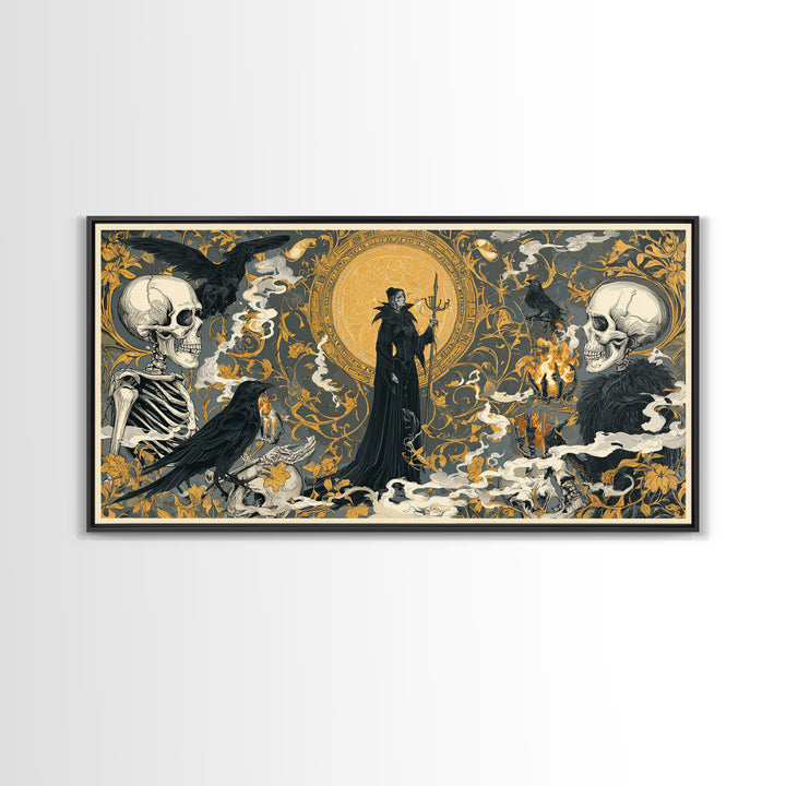 Art Nouveau Witchcraft, Macabre Folk Print Art, Wide Panoramic Art, Dark Fantasy Wall Art, Framed Canvas Print, Halloween Decor