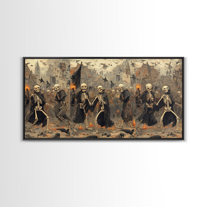 Medieval Danse Macabre, Northern Renaissance Horror, Wide Panoramic Art, Dark Fantasy Wall Art, Framed Canvas Print