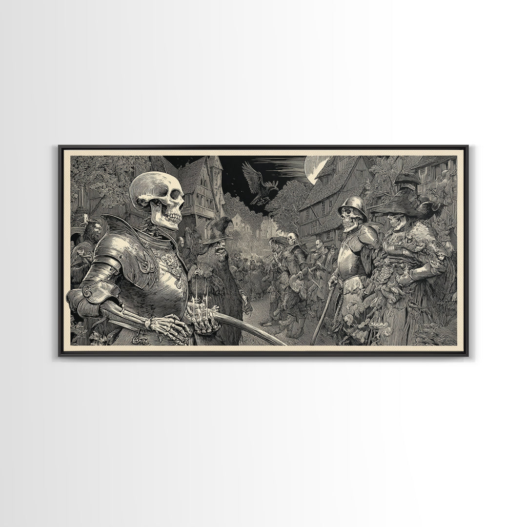 Medieval Danse Macabre, Renaissance Engraving Art, Wide Panoramic Art, Dark Fantasy Wall Art, Framed Canvas Print, Halloween Wall Art