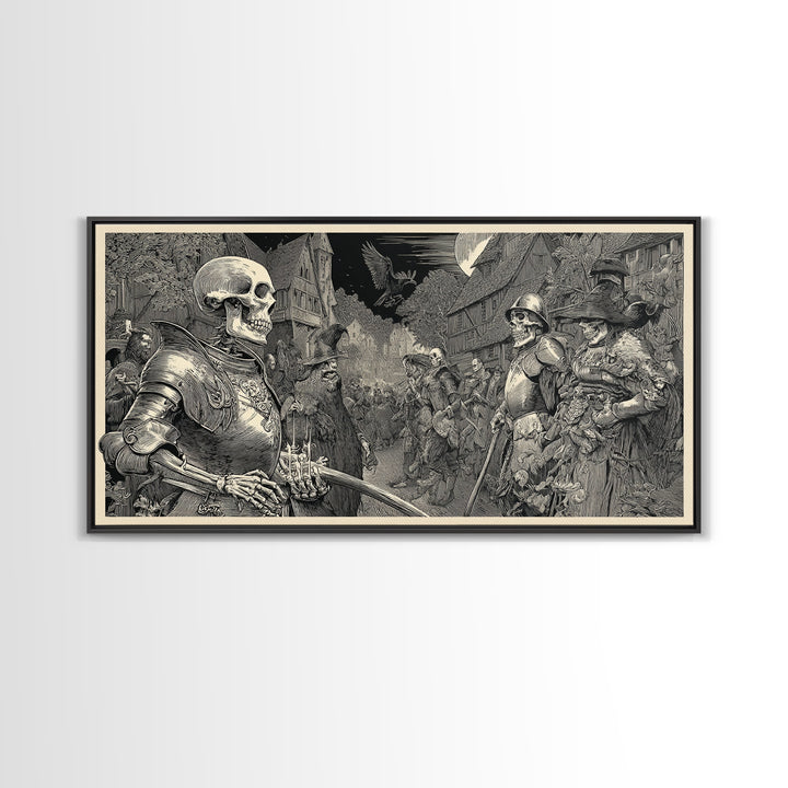 Medieval Danse Macabre, Renaissance Engraving Art, Wide Panoramic Art, Dark Fantasy Wall Art, Framed Canvas Print, Halloween Wall Art