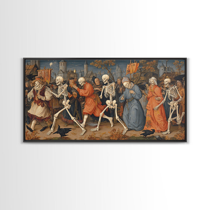 Medieval Danse Macabre, Danse Macabre Art, Wide Panoramic Art, Dark Fantasy Wall Art, Canvas Print, Halloween Wall Art