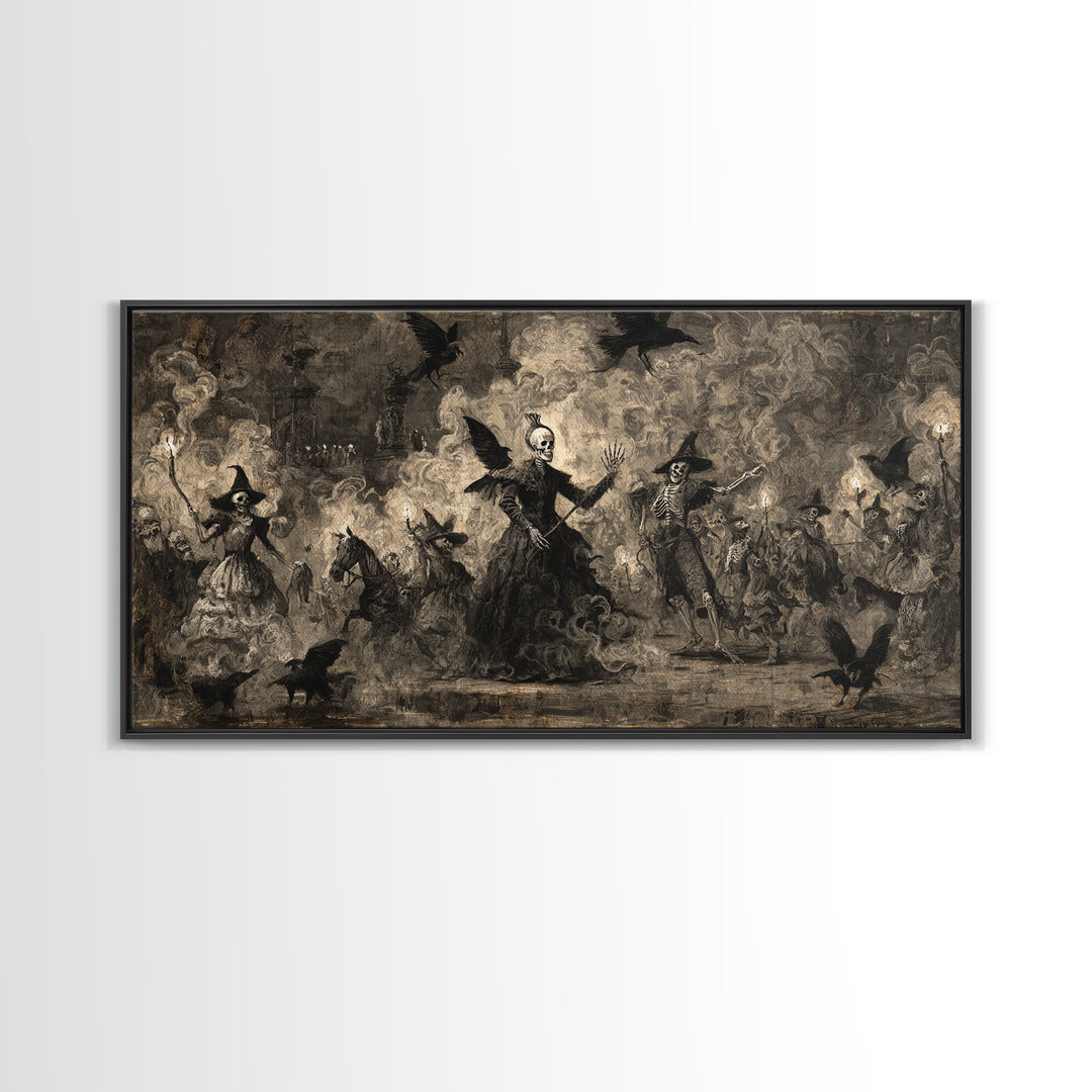 Medieval Danse Macabre, Dark Romantic Horror Art, Wide Panoramic Art, Gothic Horror Wall Art, Framed Canvas Print, Halloween Wall Art