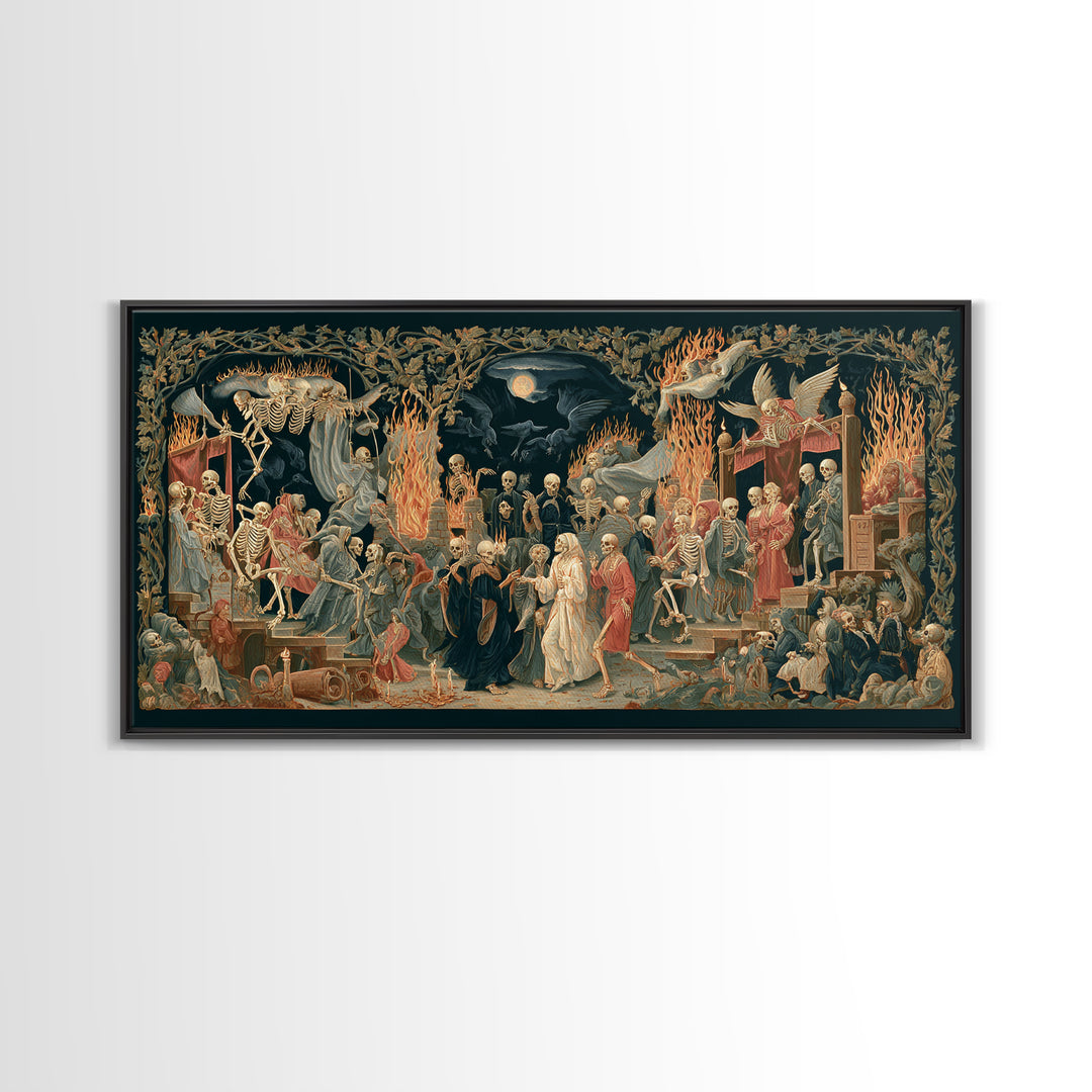 Medieval Danse Macabre, Visionary Gothic Art, Wide Panoramic Art, Dark Fantasy Wall Art, Framed Canvas Print, Halloween Wall Art