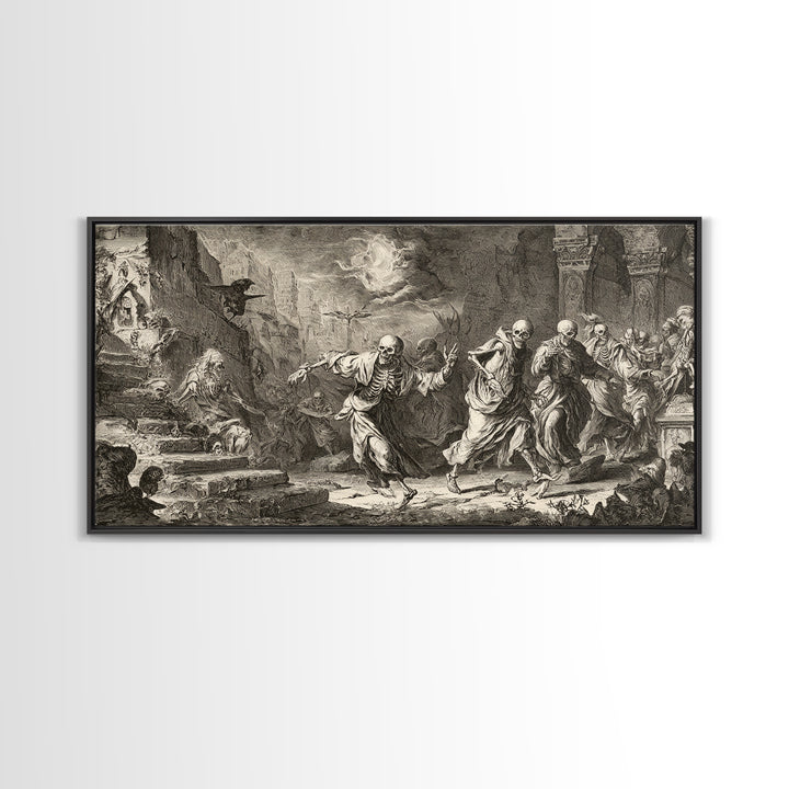 Medieval Danse Macabre, Architectural Etching Art, Wide Panoramic Art, Dark Halloween Decor, Framed Canvas Print