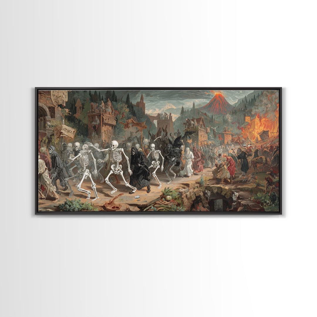 Medieval Danse Macabre, Apocalyptic Romantic Art, Wide Panoramic Art, Gothic Horror Wall Art, Canvas Print, Halloween Wall Art