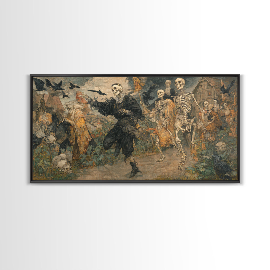 Medieval Danse Macabre, Decadent Gothic Art, Wide Panoramic Art, Macabre Wall Art, Framed Canvas Print, Halloween Wall Art
