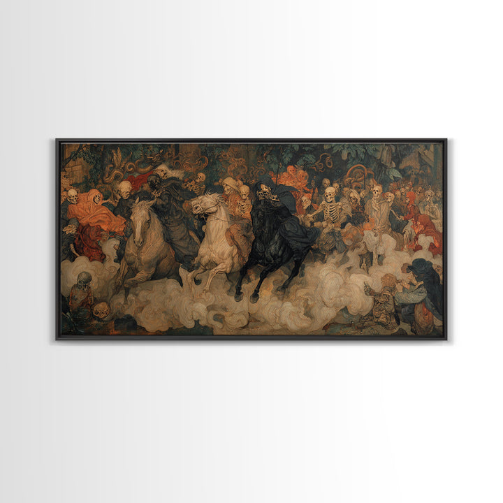 Medieval Danse Macabre, Dark Symbolist Art, Wide Panoramic Art, Dark Halloween Decor, Canvas Print, Halloween Wall Art