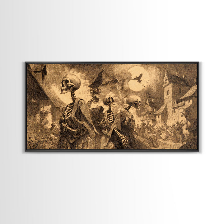 Medieval Danse Macabre, Expressionist Nightmare Art, Wide Panoramic Art, Dark Fantasy Wall Art, Framed Canvas Print, Halloween Wall Art