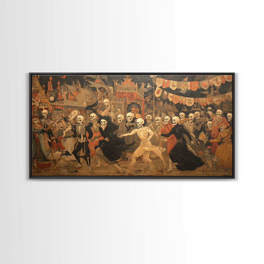 Medieval Danse Macabre, Grotesque Carnival Art, Wide Panoramic Art, Dark Fantasy Wall Art, Canvas Print, Halloween Wall Art