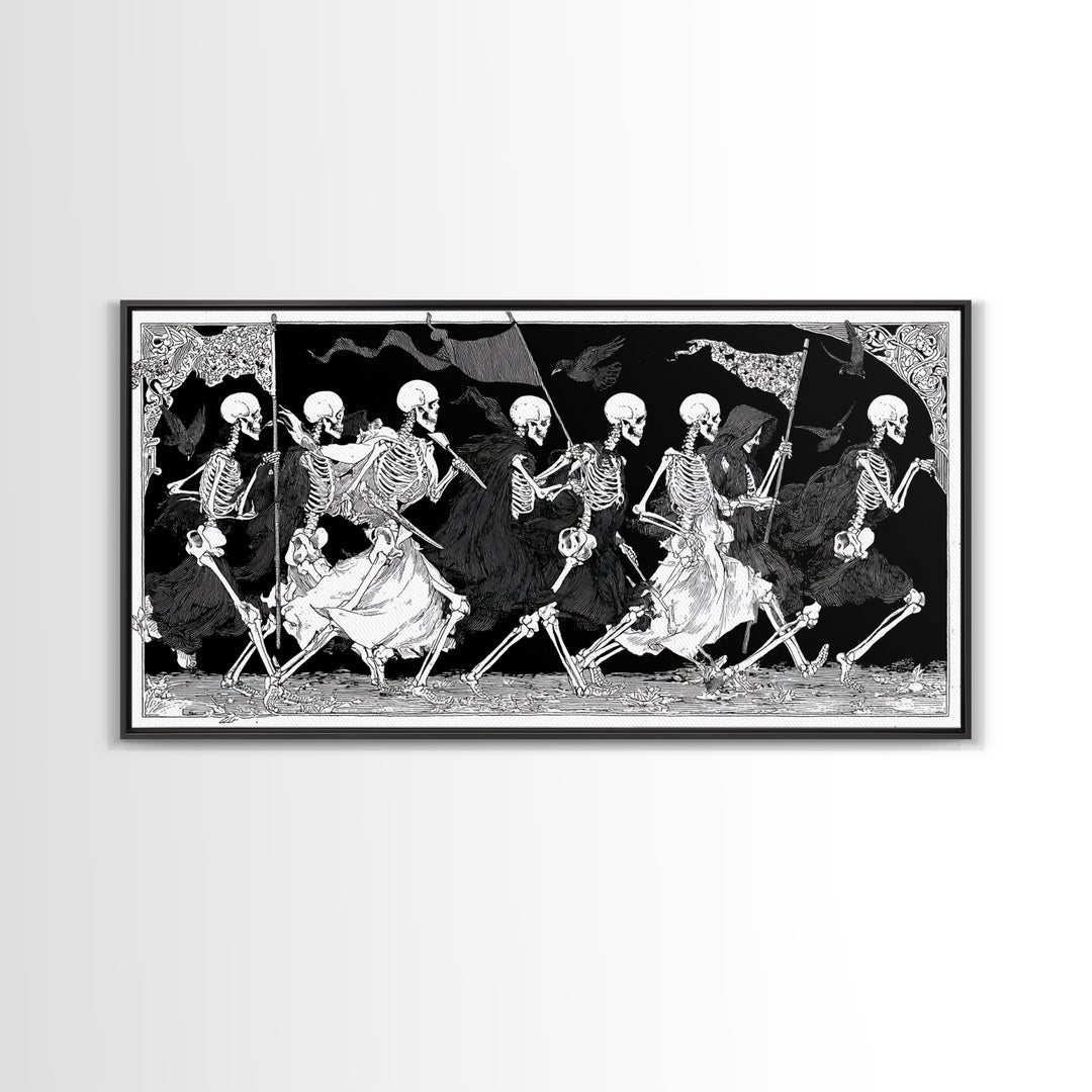 Medieval Danse Macabre, Decadent Line Art, Wide Panoramic Art, Dark Halloween Decor, Canvas Print, Halloween Wall Art