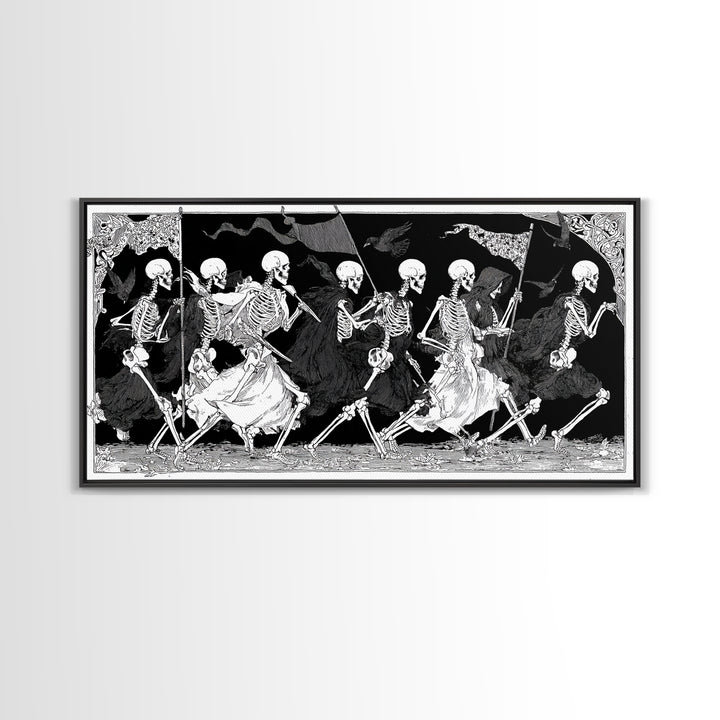Medieval Danse Macabre, Decadent Line Art, Wide Panoramic Art, Dark Halloween Decor, Canvas Print, Halloween Wall Art