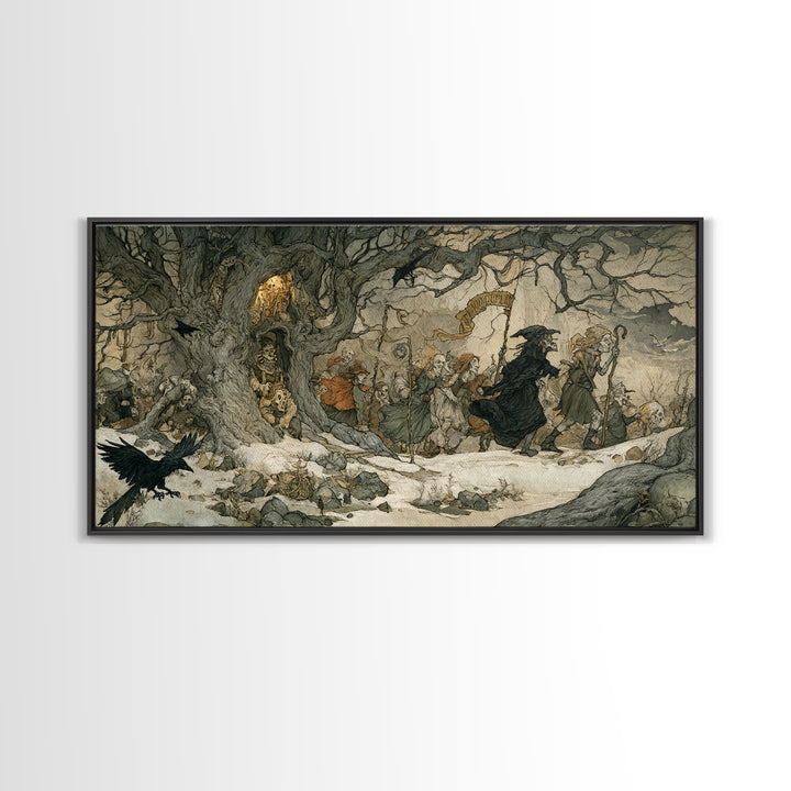 Medieval Danse Macabre, Gothic Storybook Art, Wide Panoramic Art, Dark Halloween Decor, Canvas Print, Halloween Wall Art