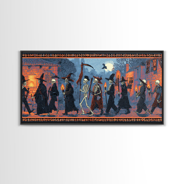 Medieval Danse Macabre, Macabre Folk Print Art, Wide Panoramic Art, Dark Fantasy Wall Art, Canvas Print, Halloween Wall Art