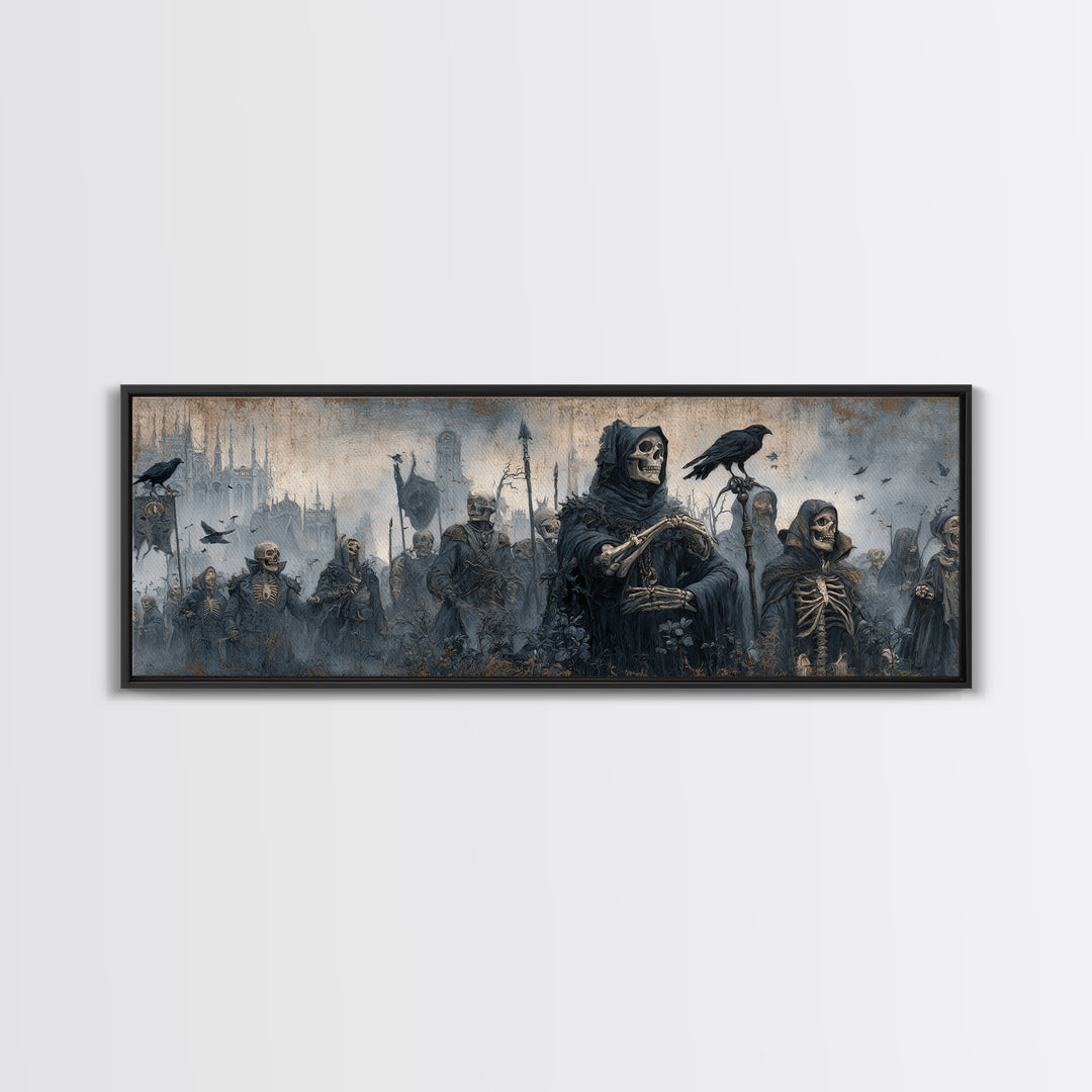 Medieval Danse Macabre, Surreal Apocalyptic Art, Extra Wide Wall Art, Dark Fantasy Wall Art, Framed Canvas Print, Halloween Wall Art