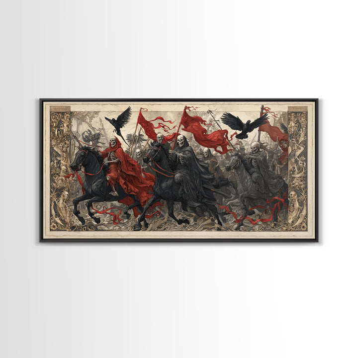 Medieval Danse Macabre, Biomechanical Horror Art, Wide Panoramic Art, Dark Halloween Decor, Canvas Print, Halloween Wall Art