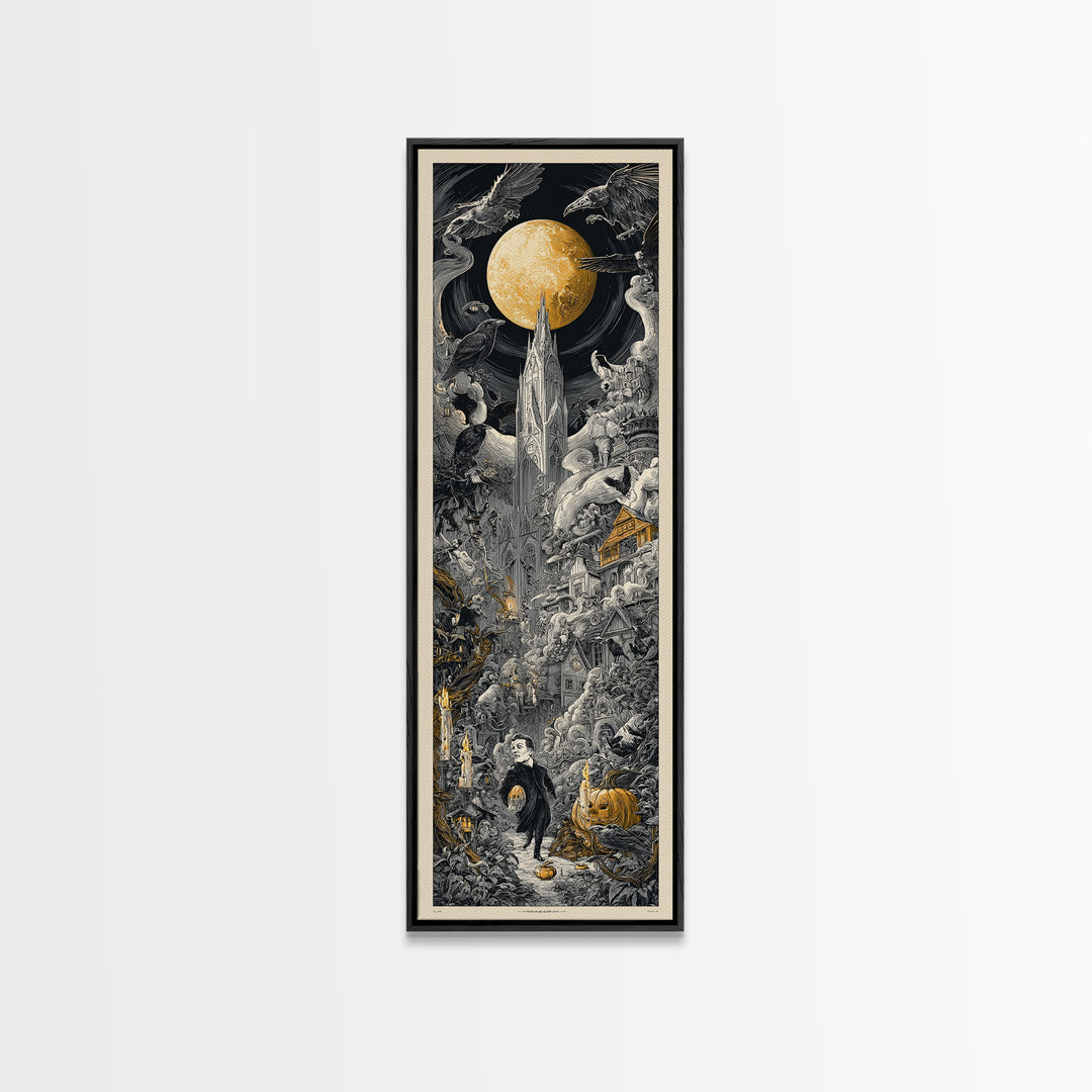 1950s Halloween Nostalgia, Gothic Engraving Art, Tall Narrow Wall Art, Gothic Horror Wall Art, Canvas Print, Halloween Wall Art