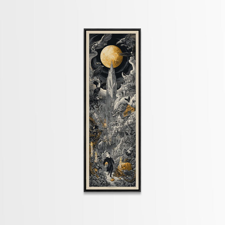 1950s Halloween Nostalgia, Gothic Engraving Art, Tall Narrow Wall Art, Gothic Horror Wall Art, Canvas Print, Halloween Wall Art