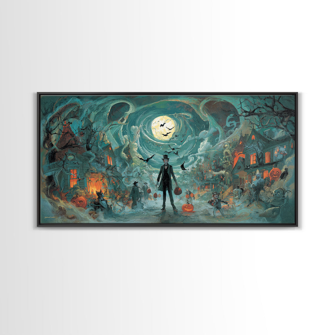 1950s Halloween Nostalgia, Apocalyptic Romantic Art, Wide Panoramic Art, Macabre Wall Art, Framed Canvas Print, Halloween Wall Art