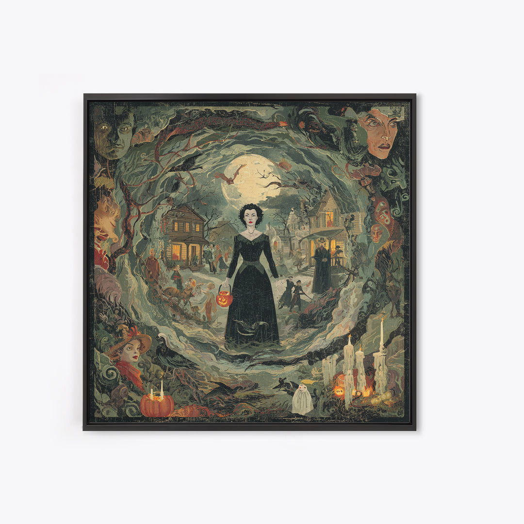 1950s Halloween Nostalgia, Dark Symbolist Art, Square Wall Art, Gothic Horror Wall Art, Framed Canvas Print, Halloween Wall Art
