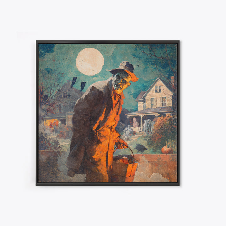 1950s Halloween Nostalgia, Symbolist Etching Art, Square Wall Art, Dark Halloween Decor, Framed Canvas Print, Halloween Wall Art