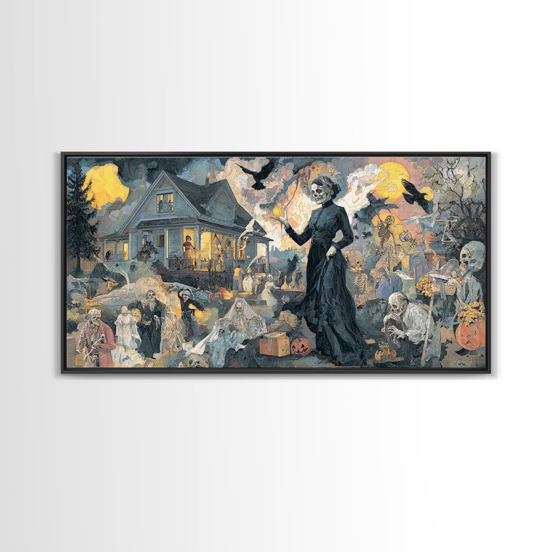 1950s Halloween Nostalgia, Grotesque Carnival Art, Wide Panoramic Art, Dark Halloween Decor, Framed Canvas Print, Halloween Wall Art