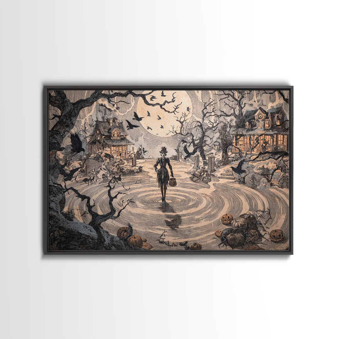1950s Halloween Nostalgia, Gothic Storybook Art, Landscape Wall Art, Dark Halloween Decor, Canvas Print, Halloween Wall Art
