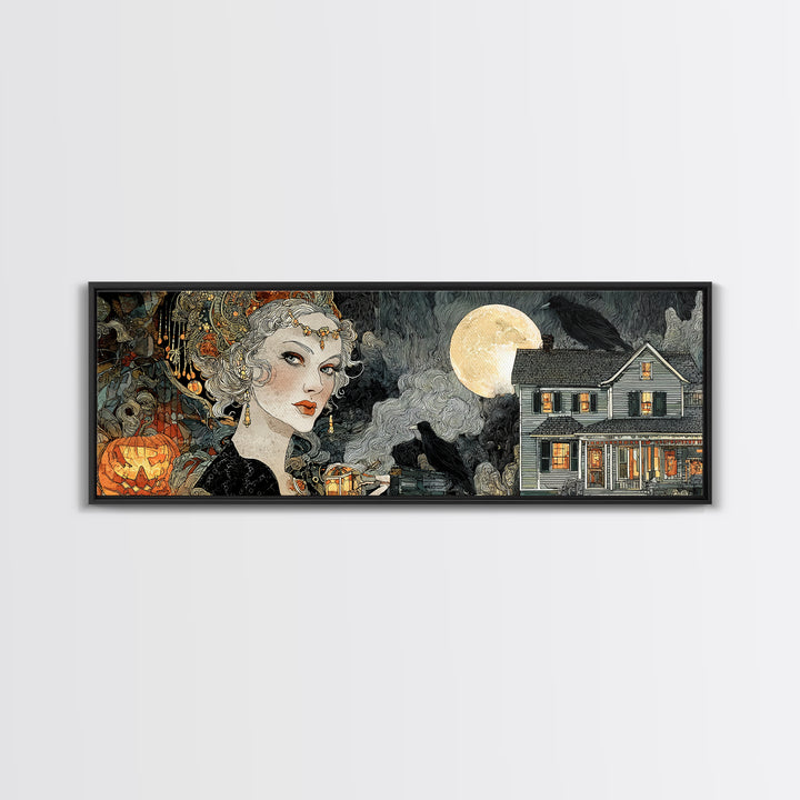 1950s Halloween Nostalgia, Stained Glass Gothic Art, Extra Wide Wall Art, Dark Halloween Decor, Canvas Print, Halloween Wall Art
