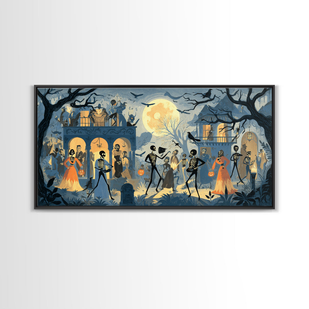 1950s Halloween Nostalgia, Macabre Folk Print Art, Wide Panoramic Art, Dark Halloween Decor, Canvas Print, Halloween Wall Art