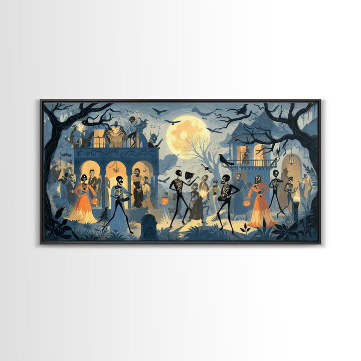 1950s Halloween Nostalgia, Macabre Folk Print Art, Wide Panoramic Art, Dark Halloween Decor, Canvas Print, Halloween Wall Art