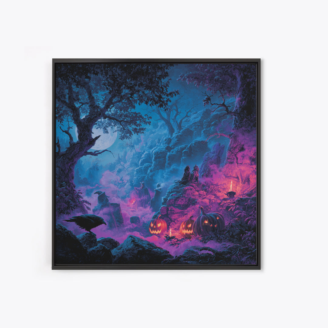 1980s Neon Horror, Baroque Witchcraft Art, Square Wall Art, Dark Halloween Decor, Framed Canvas Print, Halloween Wall Art