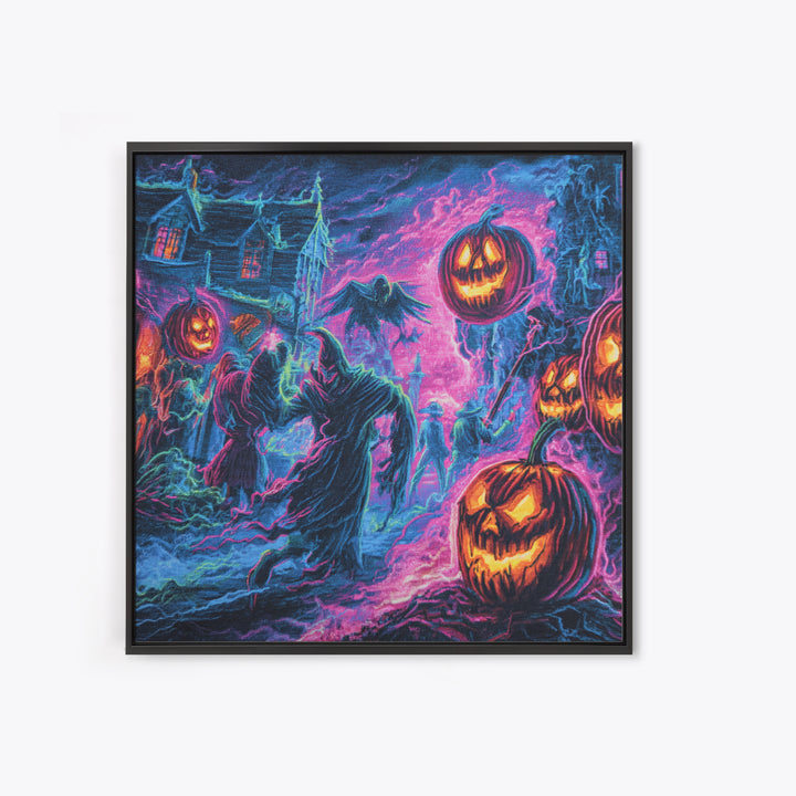 1980s Neon Horror, Grotesque Carnival Art, Square Wall Art, Dark Fantasy Wall Art, Framed Canvas Print, Halloween Wall Art