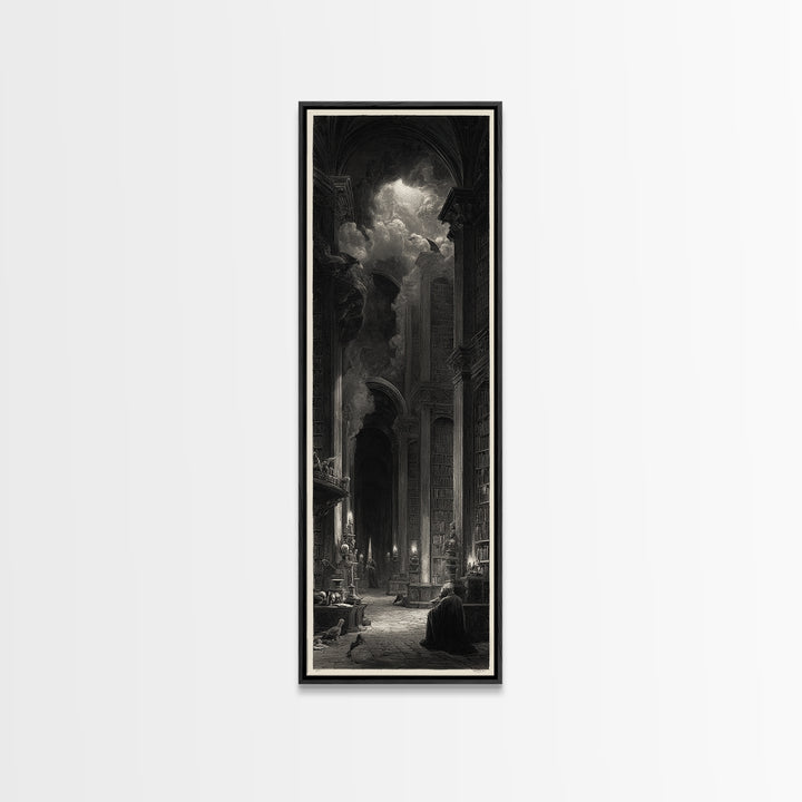 Dark Academia Halloween, Gothic Engraving Art, Tall Narrow Wall Art, Dark Fantasy Wall Art, Canvas Print, Halloween Wall Art