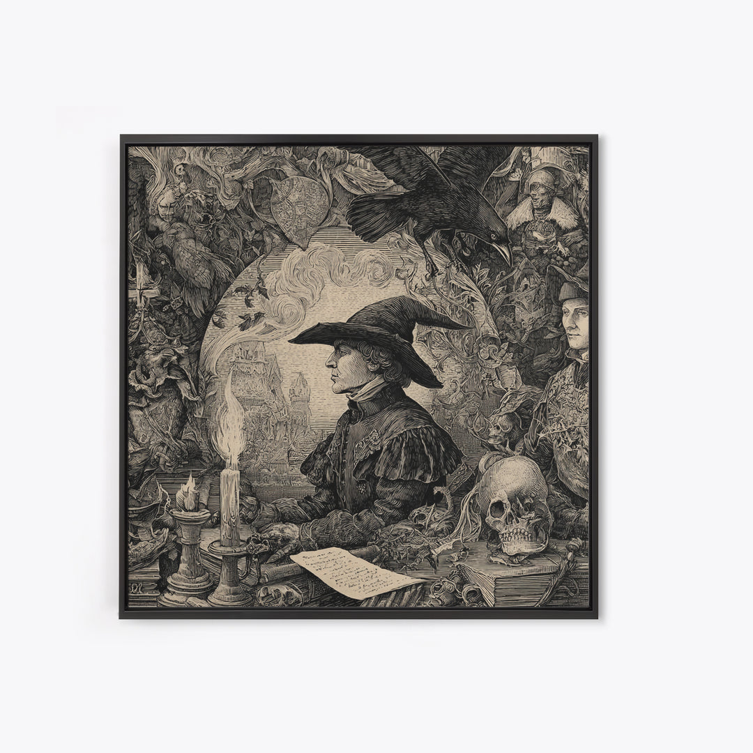 Dark Academia Halloween, Renaissance Engraving Art, Square Wall Art, Gothic Horror Wall Art, Canvas Print, Halloween Wall Art