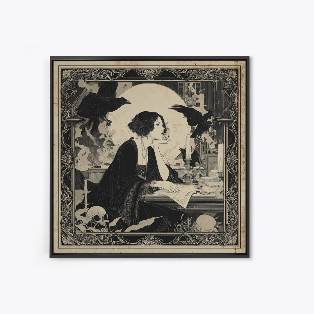 Dark Academia Halloween, Decadent Line Art, Square Wall Art, Dark Halloween Decor, Framed Canvas Print, Halloween Wall Art